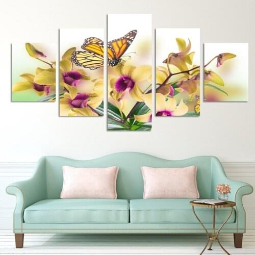 Fashion 5 Panel Hot Sell Modern Wall Painting Yellow Flowers Abstract Home Wall Art Picture Paint On Canvas Prints Art Orchid