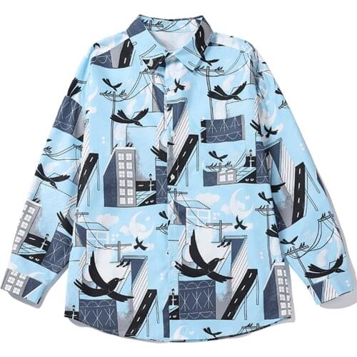 Ins Fashion All Over Long Sleeve Shirts Men Hong Kong Style Casual Loose Top Autumn Large Fashion Brand