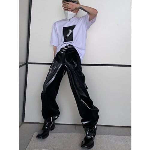 Mens PU Shinny Black Straight Long Trousers Punk Future Sense High Street Fashion Pants