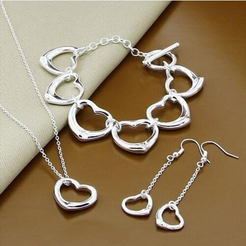 New Style 925 Sterling Silver Heart Shaped Earrings Bracelet Necklace Set For WomenS Wedding Engagement Fashion Charm Jewelry