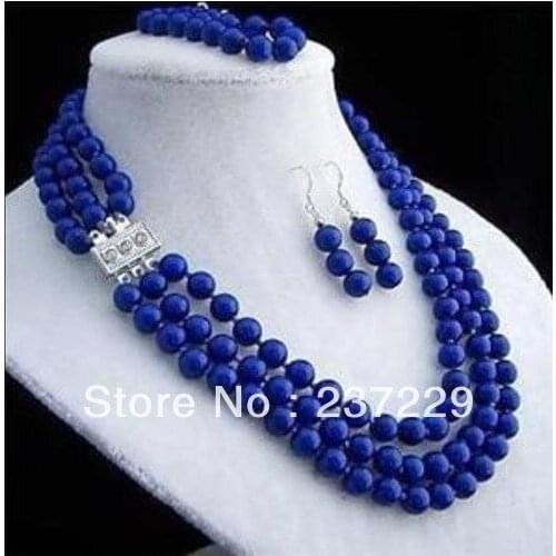 Wholesale price good ^^^^Charming ! 8mm 3rows lapis lazuli necklace bracelet earring Sets