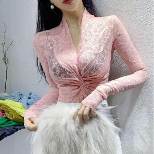 Sexy V-neck lace shirt womens long sleeve 2021 spring mini shirt new Korean temperament slim foreign style base coat