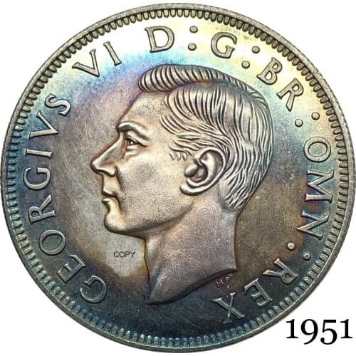 United Kingdom 1951 KG 1/2 Half Crown King George VI Left Sixth Great Britain British HP Silver Plated Copy Coin Reeded Edge