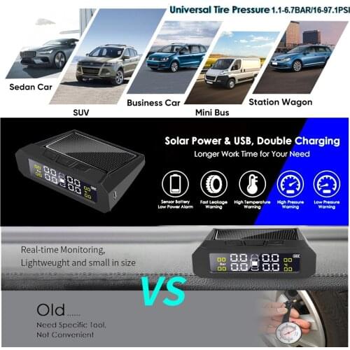 Kebidumei Solar Charge TPMS with 4 Tire External sensors Waterproof Display Warning Car Tire Pressure Alarm Monitor System
