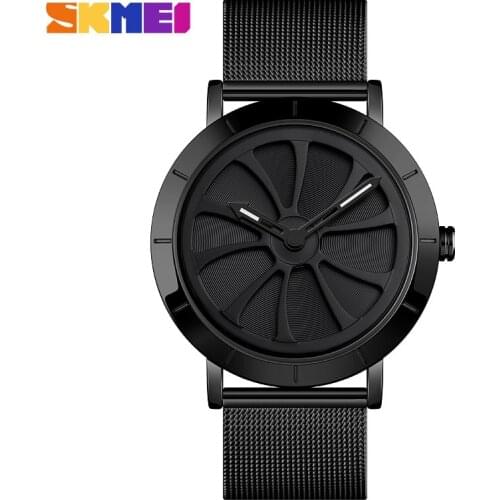 SKMEI Rotating Dial Design Black Quartz Wristwatch Business Stainless Steel Mesh Belt Ultra Thin Men Watches Relogio MasculinoRo