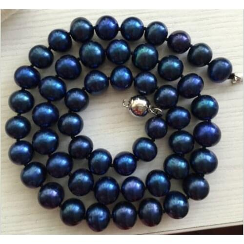 StunningAAA 9-10mm tahitian blac blue pearl necklace 18INCH