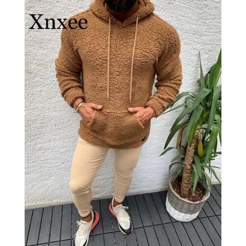 Beige Winter Hooded Sweater Short Big Pocket Teddy Fleece Fluffy Pullovers Mens Plus Size Warm Fleece Tops Streetwear