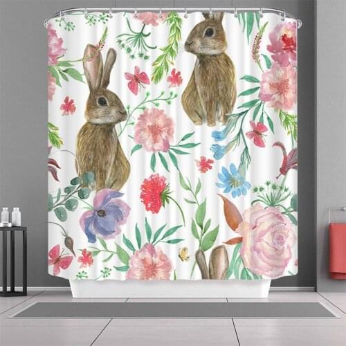 Cat and Rabbits Printed Cartoon Animals Shower Curtains Bath Products Bathroom Decor with Hooks Waterproof Rideau