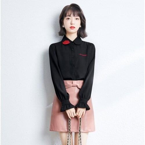 Womens Shirt Spring Embroidered Chiffon Blouses Black Long Sleeve Top Lady Solid Color Shirts Blusas
