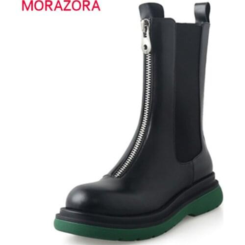 MORAZORA 2022 New Arrive Flat Shoes Women Genuine Leather Boots Zipper Round Toe Comfortable Fashion Ankle Boots Women Black