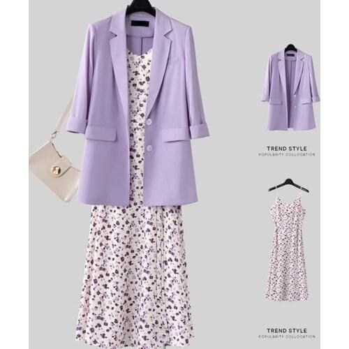 Summer Suit Womens 2021 New Temperament Large Loose Suit Coat + Chiffon Floral Suspender Dress Summer Spaghetti Strap Elegant