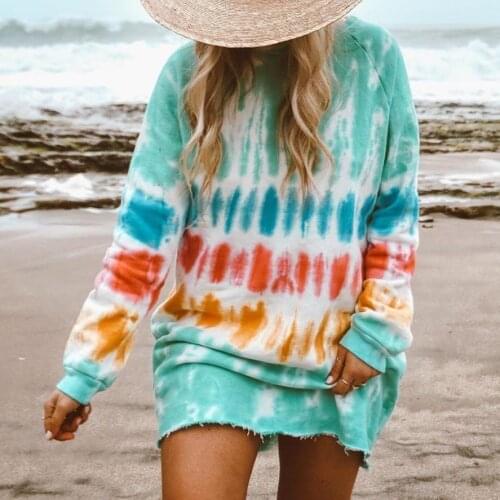 Summer Women Daily Wear Gradient Color Dress Long Sleeve Round Neck Dress Summer Casual Style Beachwaer Tie-dye Mini Sundress