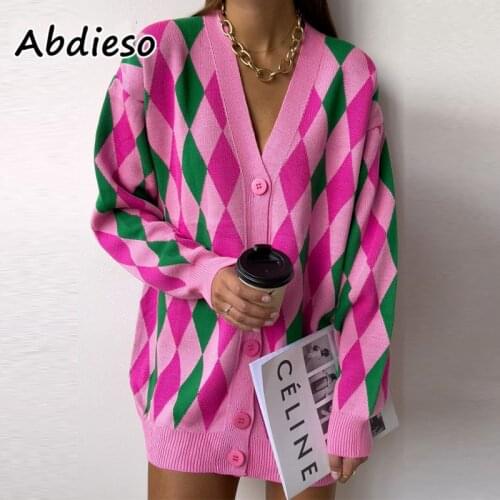 Abdieso Oversized Autumn Winter Sweater Cardigan Women Green 2021 V Neck Buttons Casual Loose Y2K Long Sleeve Knitted Sweaters