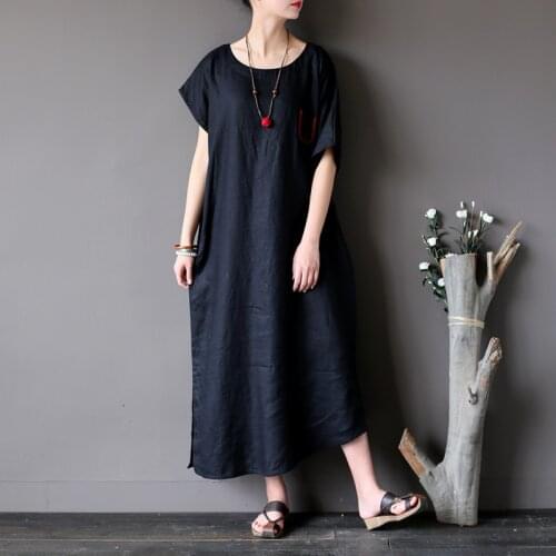 Women Retro Linen Embroidered Loose Dress Ladies Round Neck Irregular Hem Dresses Female Summer Solid Color Robe Dress