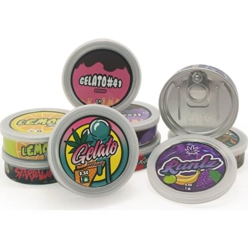 3.5g Tin Cans With Stickers In Stock 12 Designs, 100ml Pressitin Box 73.3*24mm Tuna Packaging