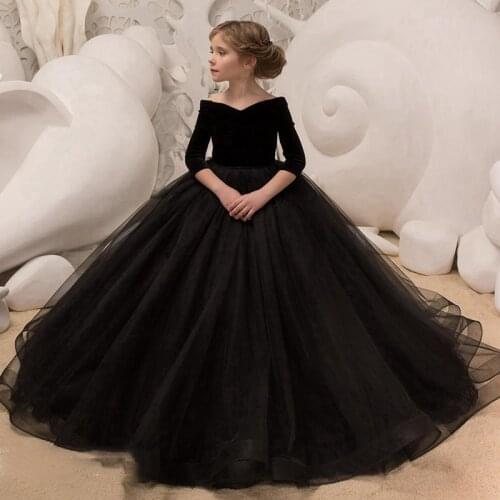 Black Princess Ball Gown Kids Pageant Dress with Elegant Half Sleeves for Girls Aged 5 -14 Years