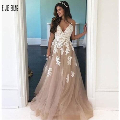 E JUE SHUNG Lace Sexy A Line Wedding Dress Spaghetti Sweetheart Backless Appliques Pink Boho Bridal Gowns robe de mariée