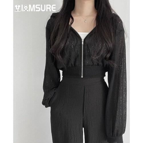 IAMSURE Thin Loose Summer Coat Casual Long Sleeve Zipper Up Hoodiesexy Cool Solid Crop Top Women 2021 Fashion Basic Streetwear