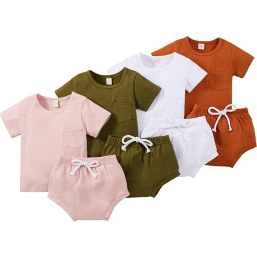 2Pcs New Childrens Sets Cute Solid Clor Short Sleeved T-shirt +Casual Shorts Children Clothing Sets 0-5Years 2021