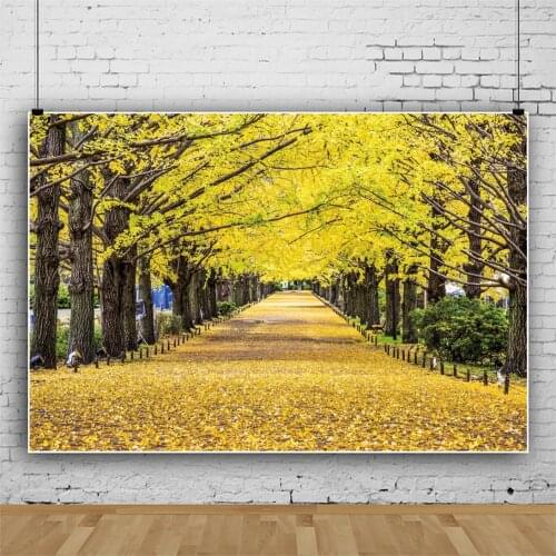 Laeacco Autumn Park Tree Yellow Maples Grass Straight Way Natural Scenic View Photographic Backdrop Photo Background Photostudio