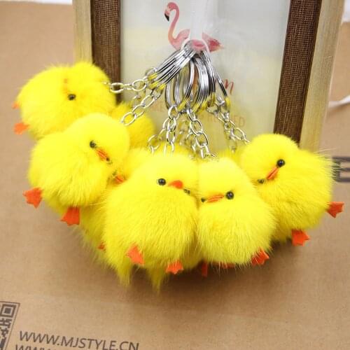 Little yellow chicken real hair key chain chicken Plush bag pendant accessories girl little yellow duck mobile phone pendant