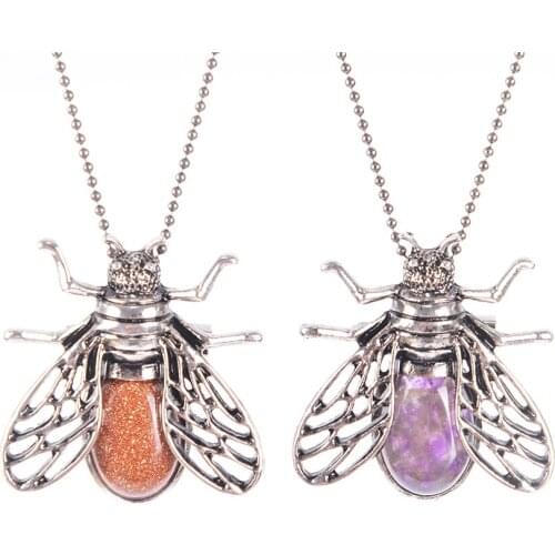 Natural Round Gem Stone Honeybee Necklace Pendants Opal Purple Tiger Eye Pink Quartz Lapis Lazuli Crystal Boho Jewelry D851-D858