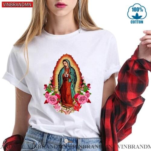 Fashion Elegant Floral Design Our Lady of Guadalupe Virgin Mary T shirt women God Angel T-shirt 2021 Classic Tee mujer camisetas