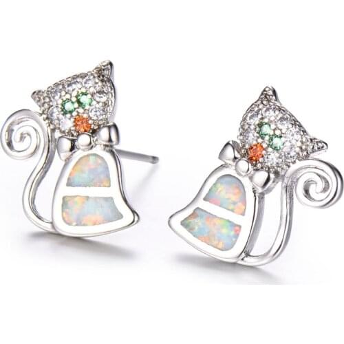 Fashion Lovely Crystal Cat Wedding Stud Earrings Brincos White/Blue Fire Opal 925 Silver Women Earrings