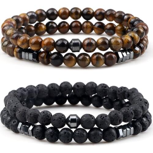 2pcs/set Men Bracelets Natural Tiger Eye Stone Malachite Lava Beads Bracelet Handmade Couples Yoga Bracelets&Bangle for Men Gift