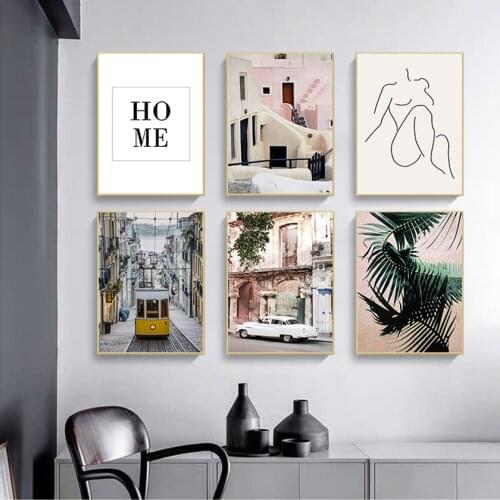 Print Painting Wall Picture Home Decoration Yellow Bus Old Street House Vintage Poster City Landscape Nordic Art Canvas