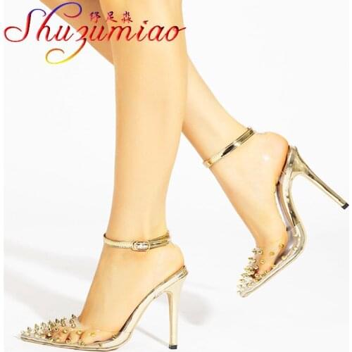 New Transparent PVC Pointed Sandals Women 2021 Summer Sexy Club High-Heeled Shoes Fashion Model Wear Rivet Devise 12CM Stiletto