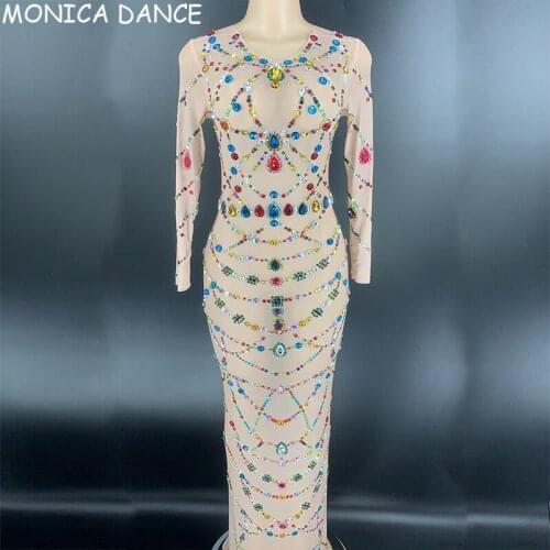 Sexy Nightclub Transparent Multi-color Big Rhinestones Dress Bar Prom Women Dance Celebrate Dress Birthday Outfit Long Dress