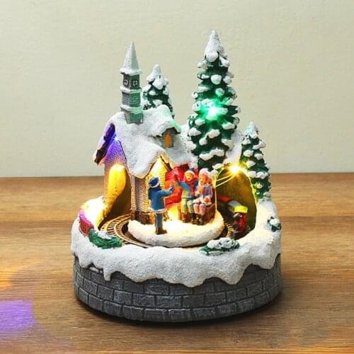Christmas House Village Scene Resin Ornament with LED Light Spinning Train Musical Animated Lighted Snow Xmas Holiday Decoration