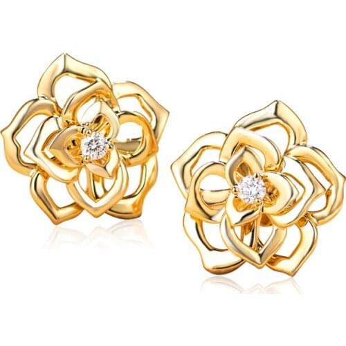 EDI 14K Yellow Gold Diamond Stud Earrings Natural 0.12ctw G/SI Diamond Hollow Rose Design Earrings For Women