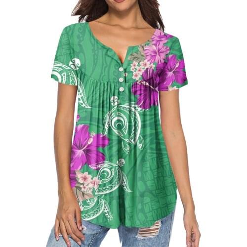 HYCOOL Green Polynesian Hibiscus Print Women Plus Size Shirts And Blouse Summer Custom Women Short Sleeve Pleated Buckle Shirt