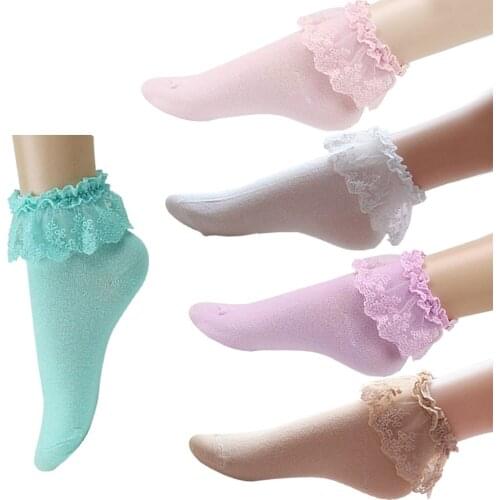 Women Lace Ruffle Hem Cotton Ankle Socks Frilly Vintage Cute Comfy Moisture Wicking Fashion Girl Socks for Ballet,Dancing Play