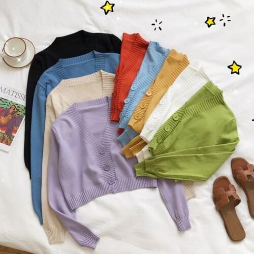 V Neck Long Sleeve Sweater Knitted Cardigans Women Coat Womens Cropped Knit Female Cardigan Winter Sweaters Button Black Short