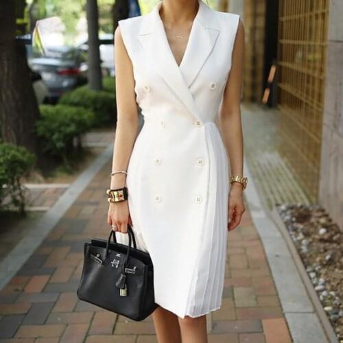 Womens Summer New Product Professional Temperament Suit Collar Double-breasted Slim Sleeveless Pleated Dress vestidos mujer