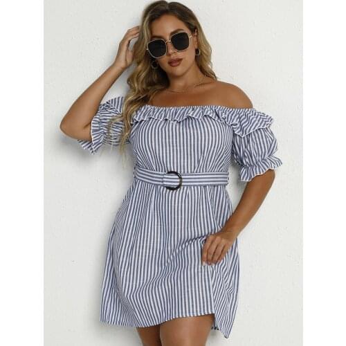 Robe Big Tail Fashion Summer Grace Beachwear Dress Ladiesblue and White Half Sleeve Striped Off Shoulder Event Party Dress