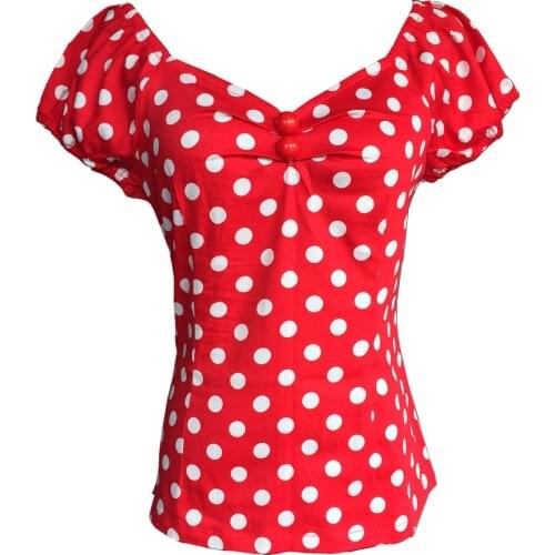 25- women vintage 50s polka dot off shoulder peasant Dolores top in red black plus size pinup t shirt retro cropped tops