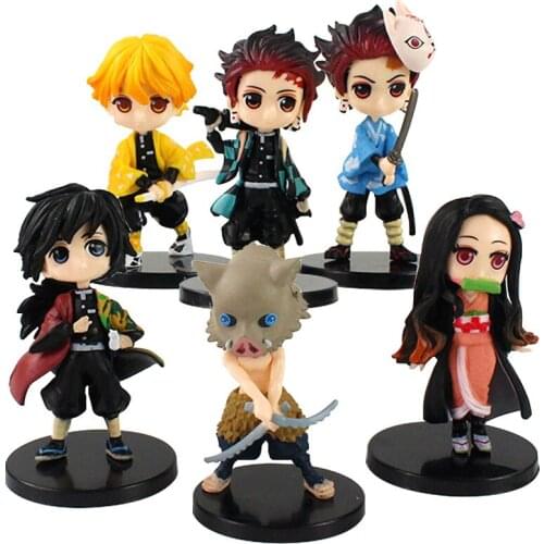 6pcs/set Demon Slayer Nezuko Zenitsu Tanjirou Giyuu Inosuke Q Ver. Action Figures Toys Kimetsu no Yaiba Anime Toy