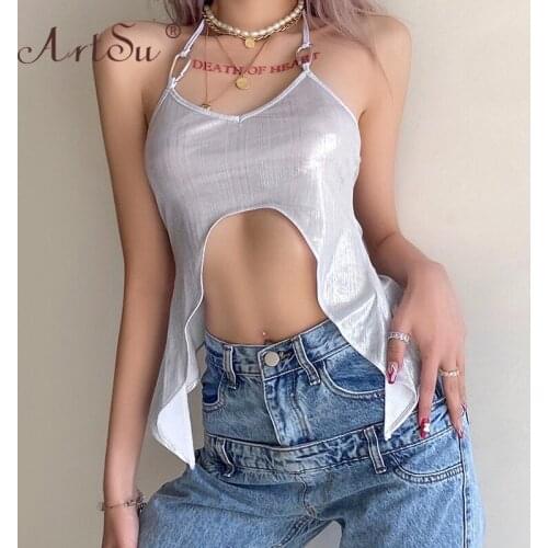 ArtSu E-Girl Halter Backless Silver Crop Tops V-Neck Irregular Tank Tops Y2K Fashion Clubwear Women Sexy Summer Tops 2021