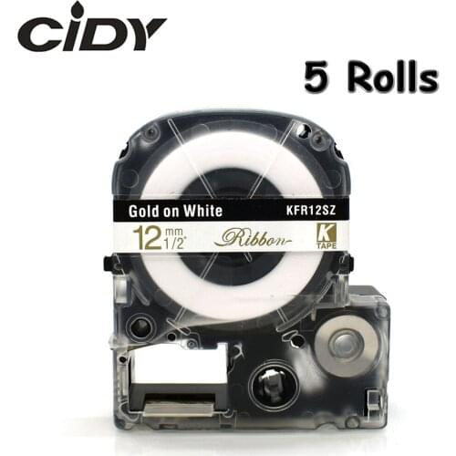 CIDY 5pcs Satin Ribbon 12mm*5m gold on white label tape SFR12SZ Christmas Wedding Decorative Gift Wrapping Belt for LW300 LW400