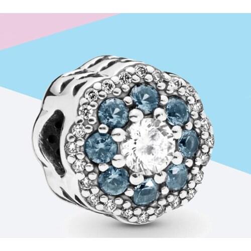 Authentic 100% 925 Sterling Silver Charms Bead Blue Sparkle Flower Crystal Charm Charm Fit Pandora Bracelets Women Diy Jewelry