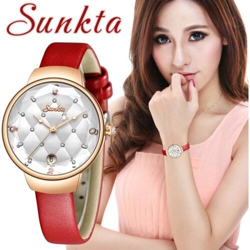 SUNKTA New Women Watches Luxury Brand Fashion Quartz Ladies Rhinestone Watch Dress Wrist Watch Simple Red Clock Relogio Feminino