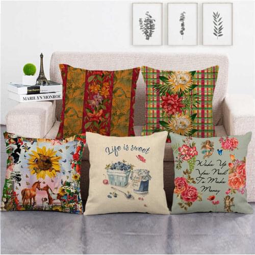 Cute Vintage Cartoon Flower One Side Print Cushion Cover Linen Pillow Cover for Home Sofa Seat Throw Covers Decorative 45X45cm
