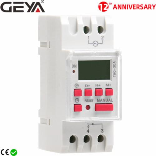 GEYA THC-30 Electric Digital Timer Switch Programmable Din Rail 30A AC DC 12V 24V 110V 220V 240V