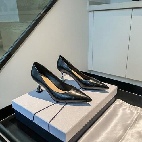 EGTPINAOP 2021 Fashion Genuine Leather Womens High Heels Shoes Thin Heel Retro Pumps Banquet Pointed Head D15-Ir8888-21A13