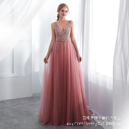 EZKUNTZA 2021 New Pink Sexy Deep V Neck Sleeveless Long Evening Dress Luxury Diamonds Shining Lace Up Party Gown Robe De Soiree