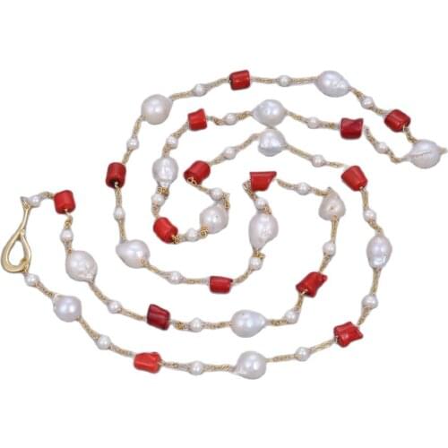 GG Jewelry Natural Red Coral White Keshi Baroque Freshwater Cultured Pearl Sweater chain Necklace Handmade Cute For Women